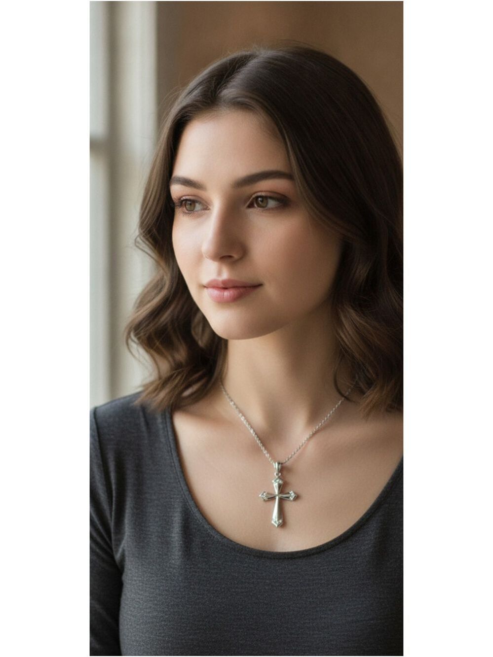 14K White Gold Cross Pendant Necklace with Natural Diamond Accents